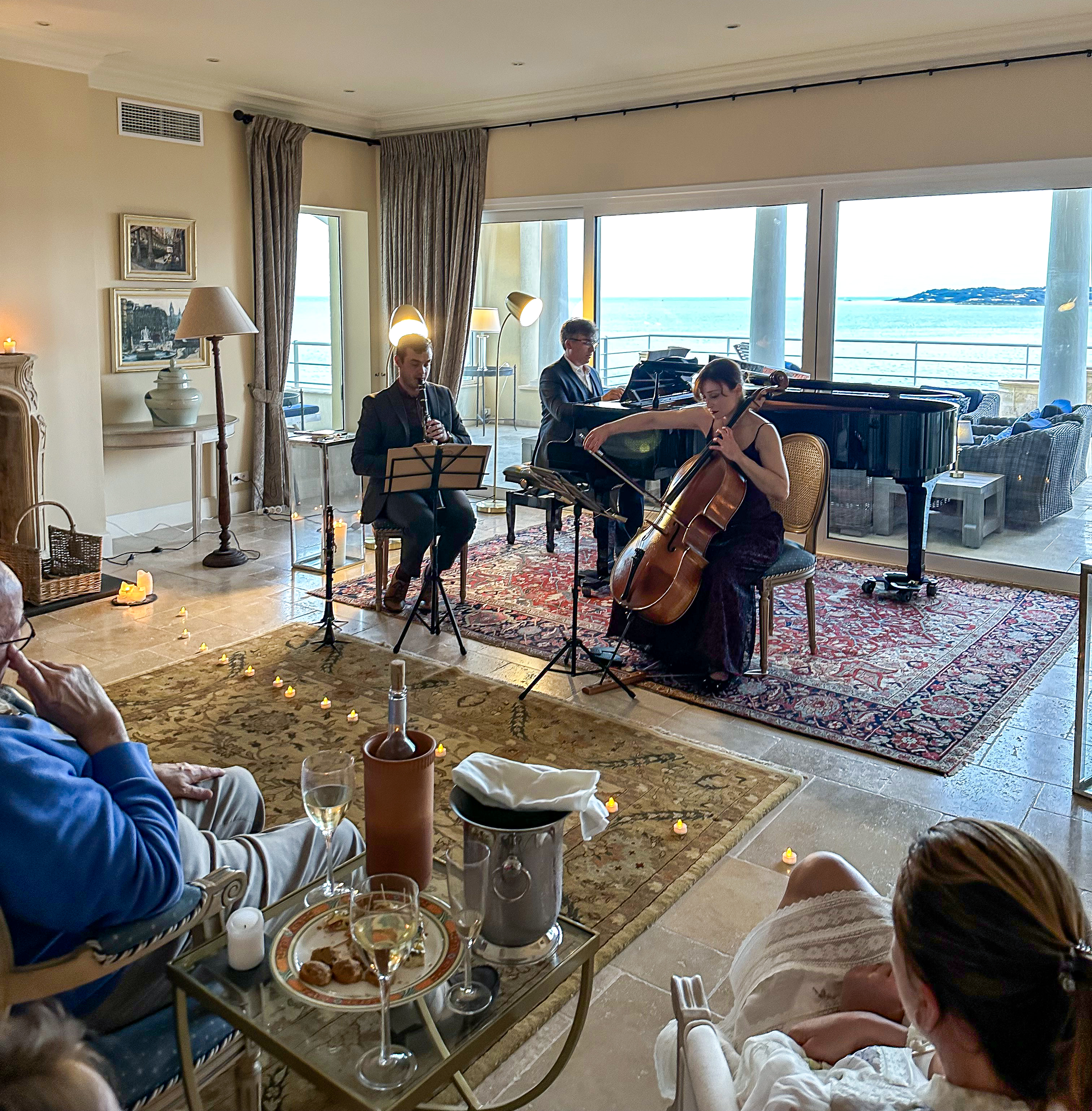 Guests gathered around musicians in a private salon